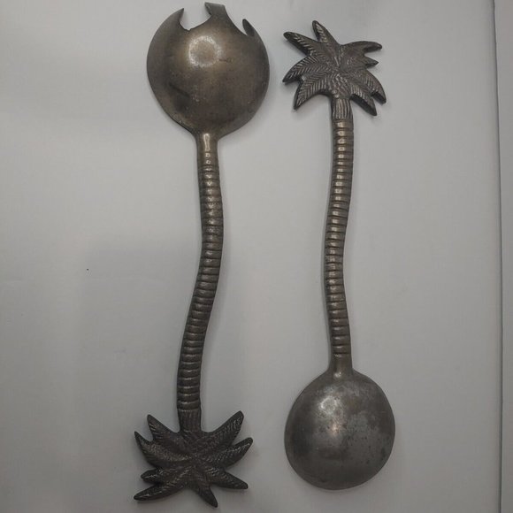 Vintage IHI India Cast Pewter Palm Tree Salad Serving Spoon & Fork Set 13" - Picture 5 of 7